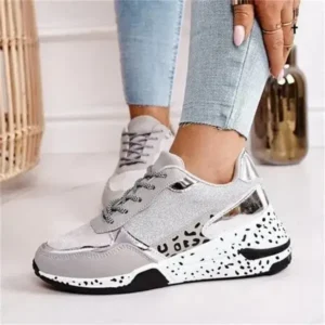 Jannatshoe Women Fashion Casual Leopard Print Color Matching Lace-Up Platform Sneakers